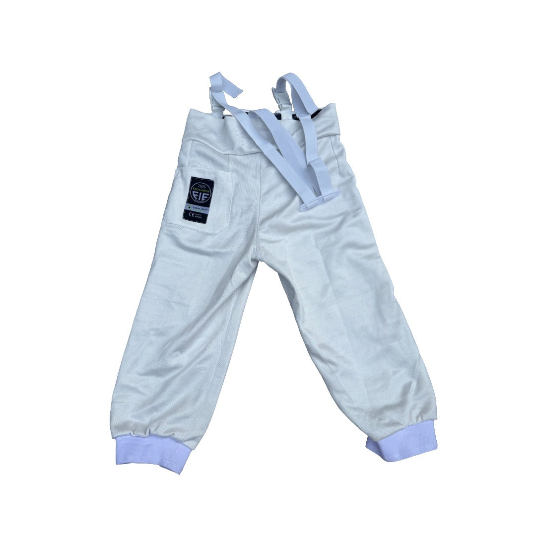 Front zip, 800N FIE fencing breeches with full liner and adjustable suspenders shown against a white background.