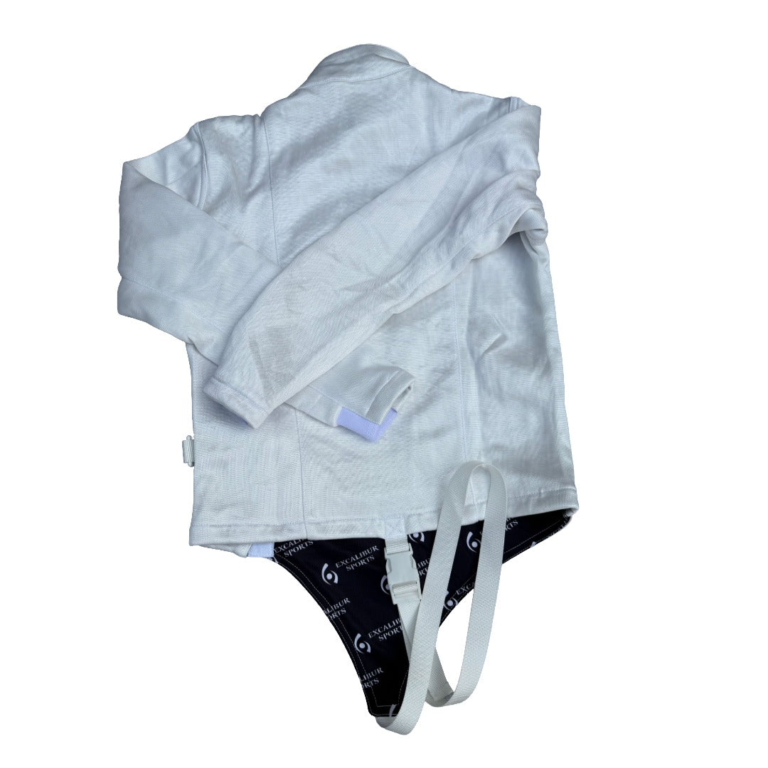 A front zip, 800N FIE fencing jacket with full liner and adjustable cuissard shown against a white background.