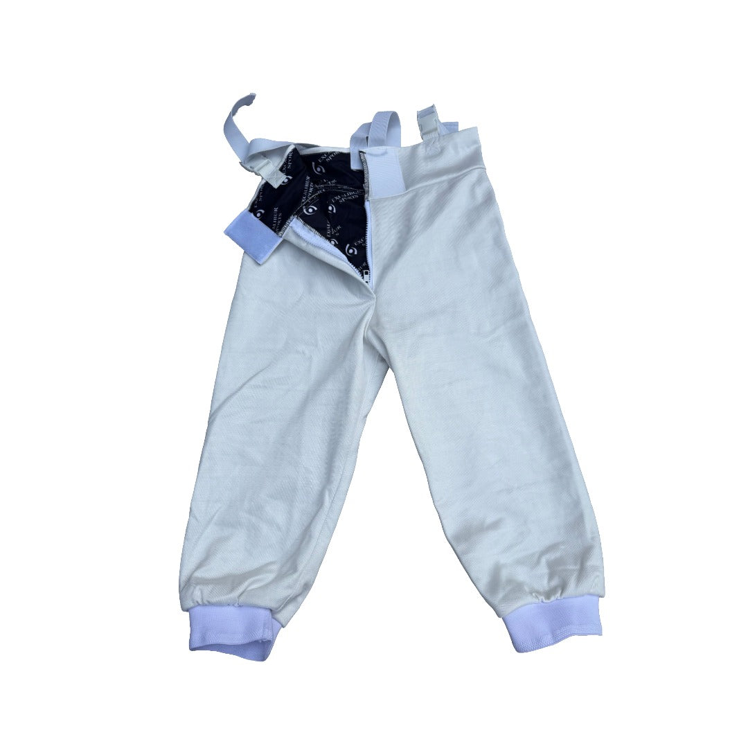 Front zip, 350N fencing breeches with full liner and adjustable suspenders shown against a white background.